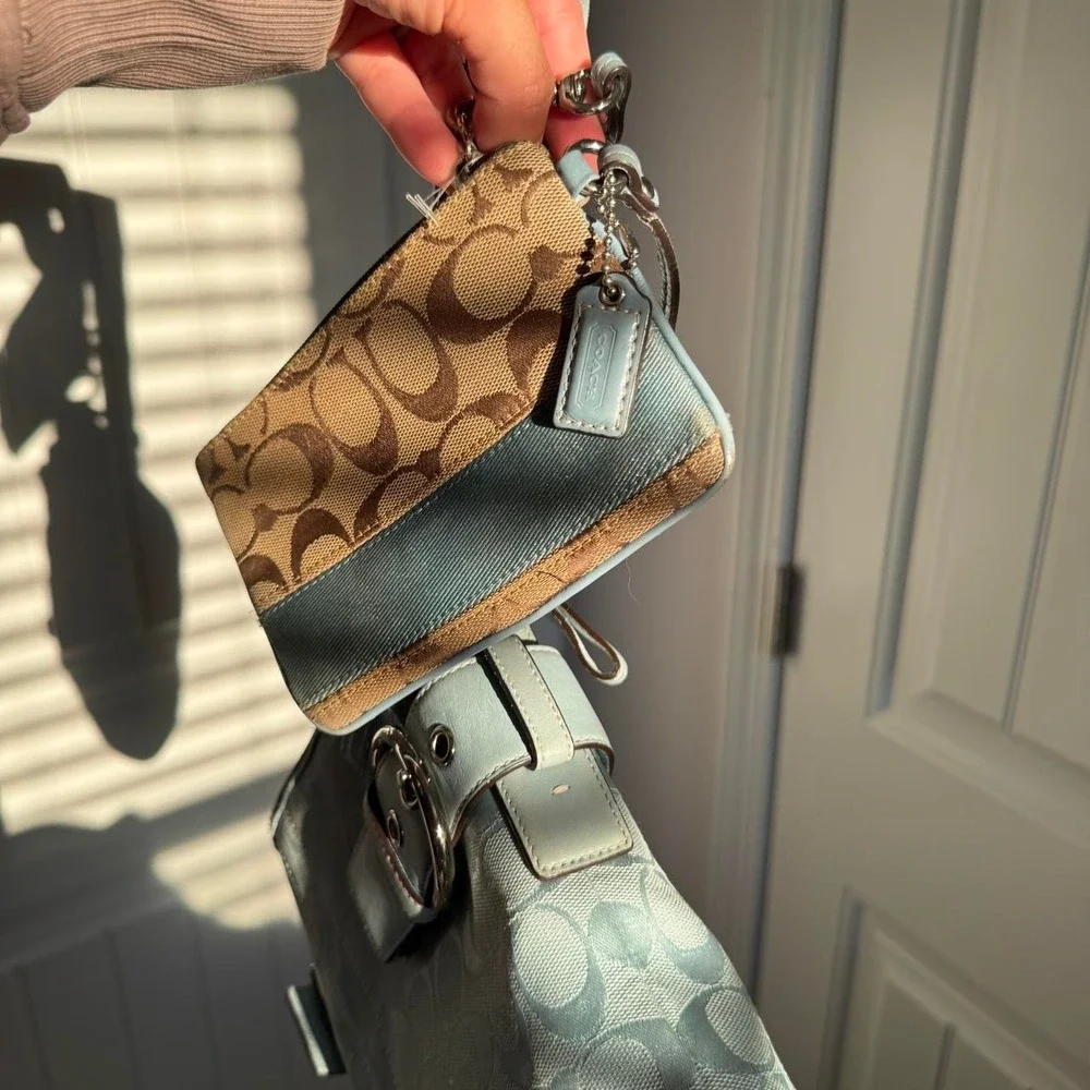 Coach blue & white monogram handbag & wristlet